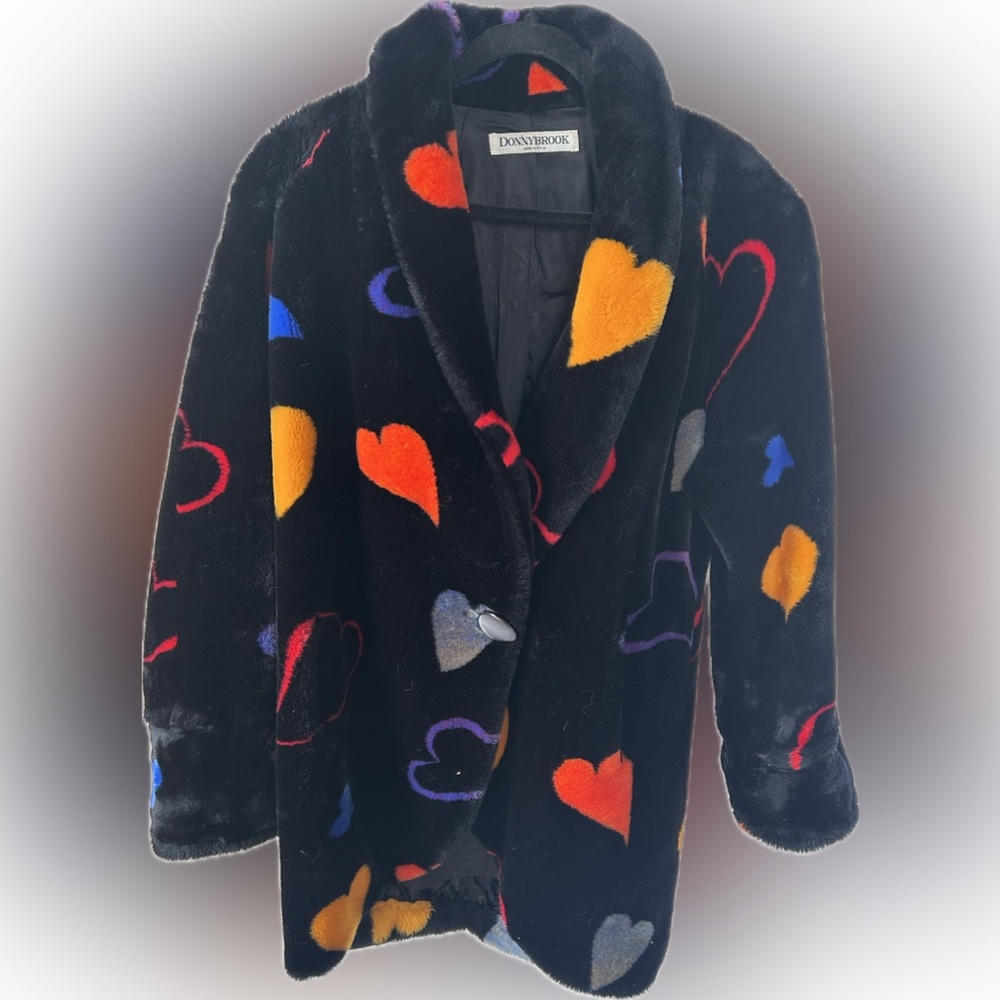 Vintage Donnybrook multicolour heart motif faux fur coat